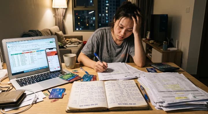 làm sổ sách tối khuya bên laptop